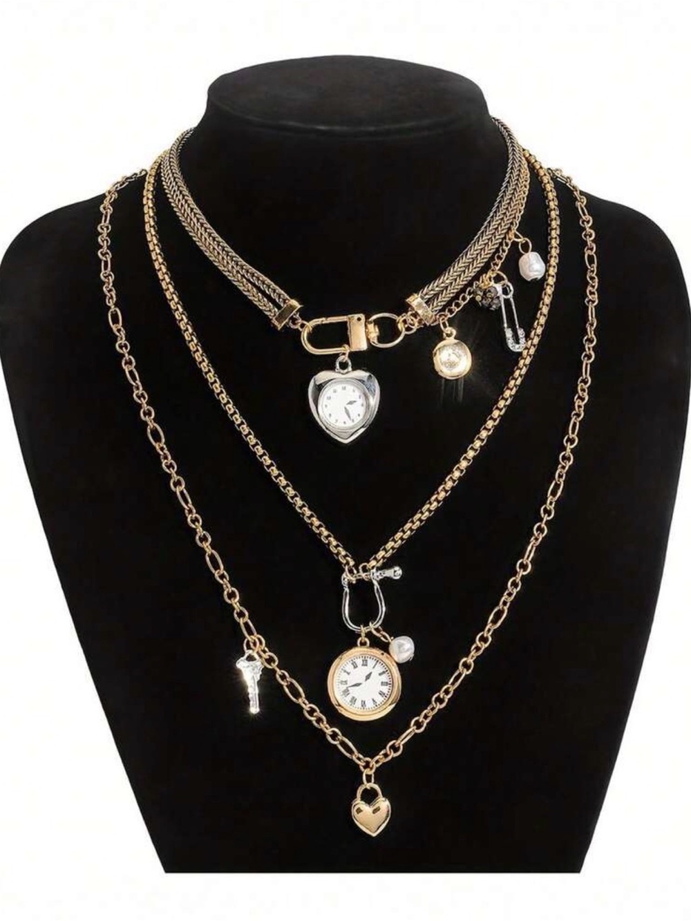 Vintage Inspired Layered Gold Tone Heart & Watch Charm Necklace